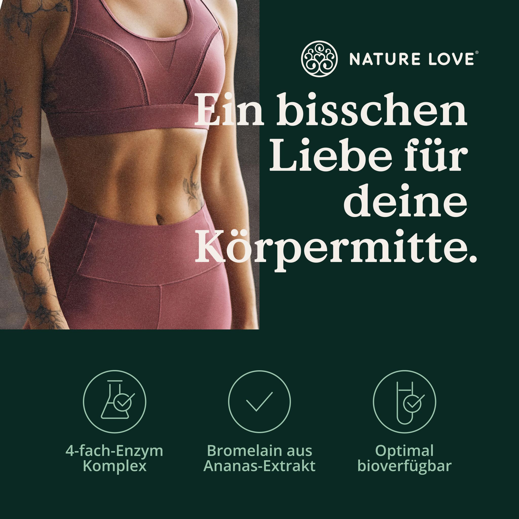 Werbung mit Frau in Sportkleidung. Text: 4-fach-Enzym Komplex, Bromelain aus Ananas-Extrakt, Optimal bioverfügbar.