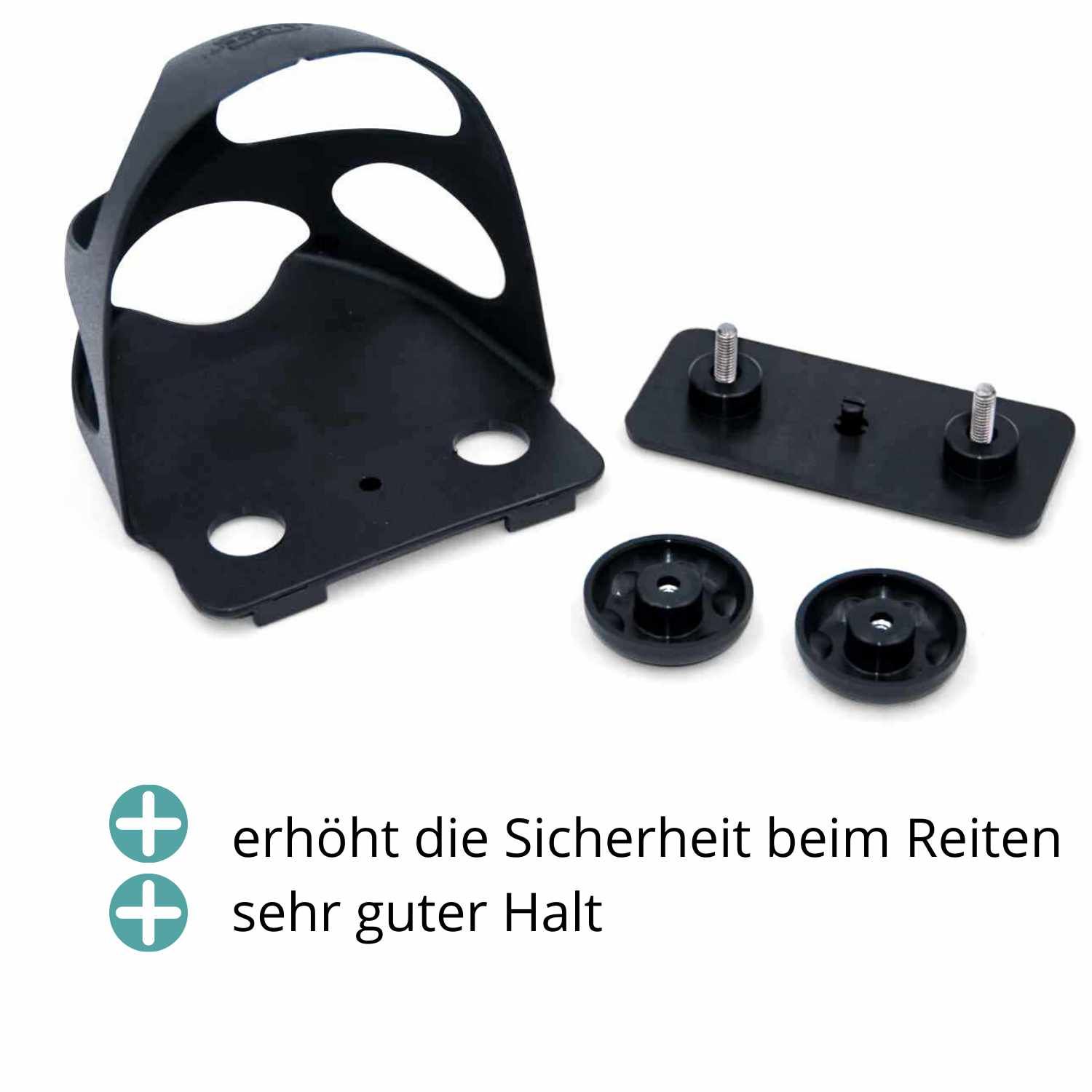 Schwarze Steigbügeleinlage mit Einzelteilen. Erhöht die Sicherheit beim Reiten. Sehr guter Halt.