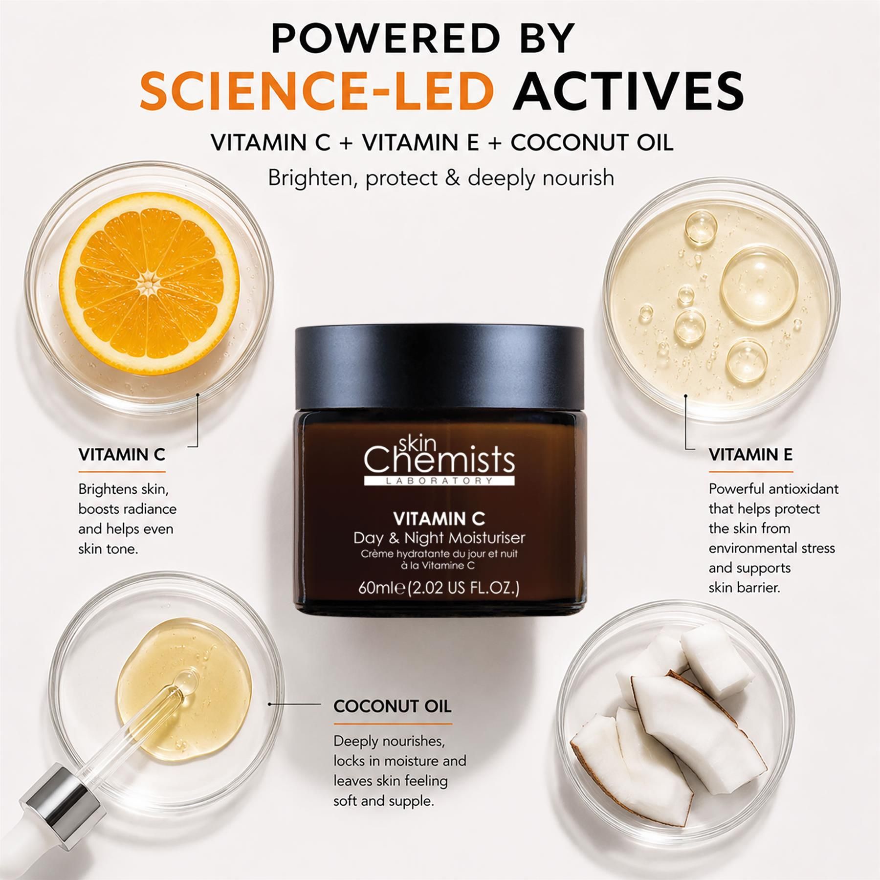 SkinChemists Vitamin C Creme umgeben von Orangen, Vitamin E und Kokosöl.