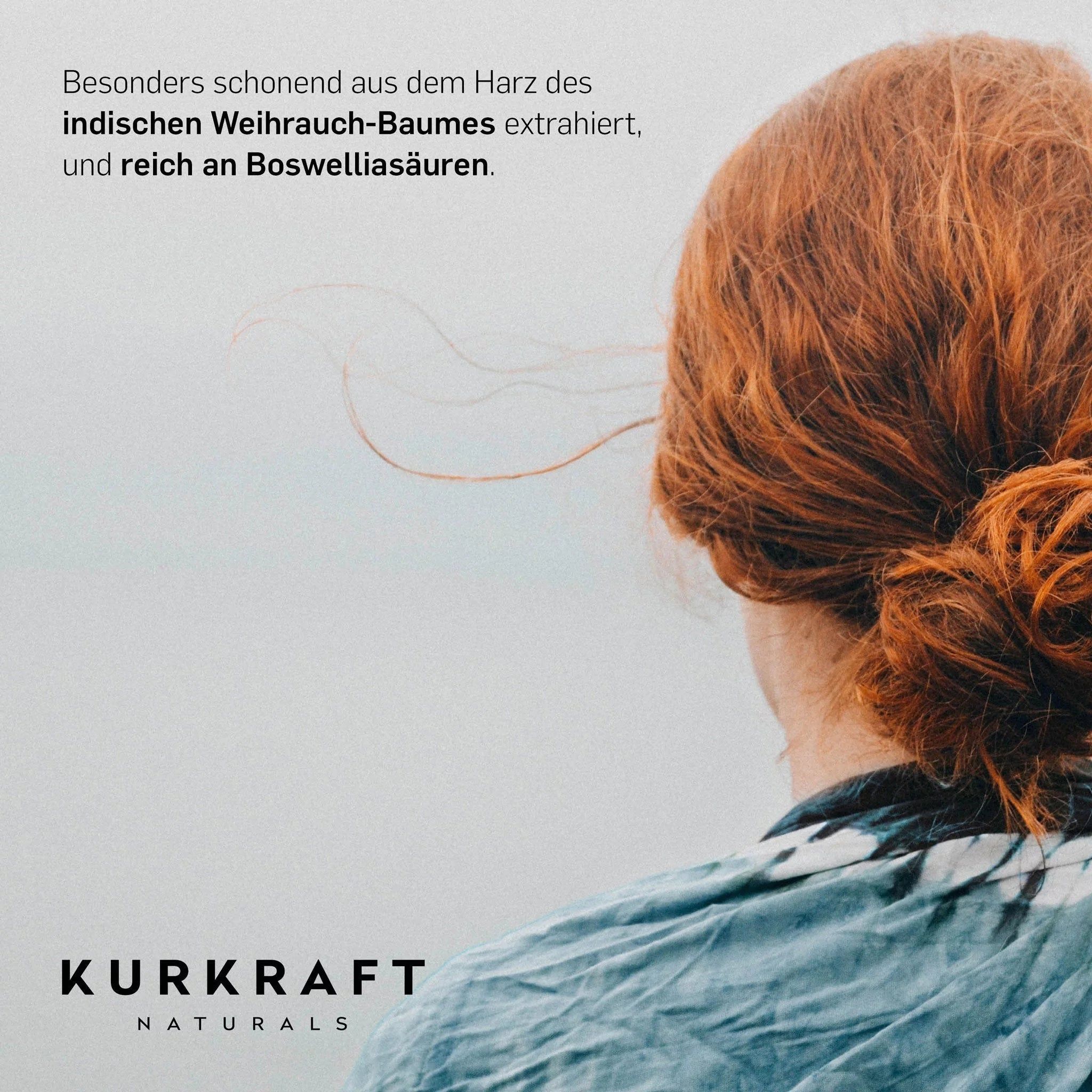 Rückansicht einer Frau mit roten Haaren, Text über schonende Extraktion aus Weihrauch-Harz.