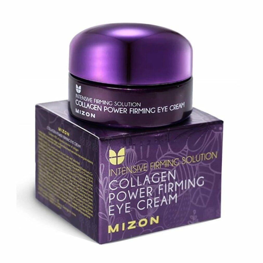 Augencreme-Tiegel mit lila Deckel auf einer lila Schachtel. Text: Collagen Power Firming Eye Cream. Marke: Mizon.