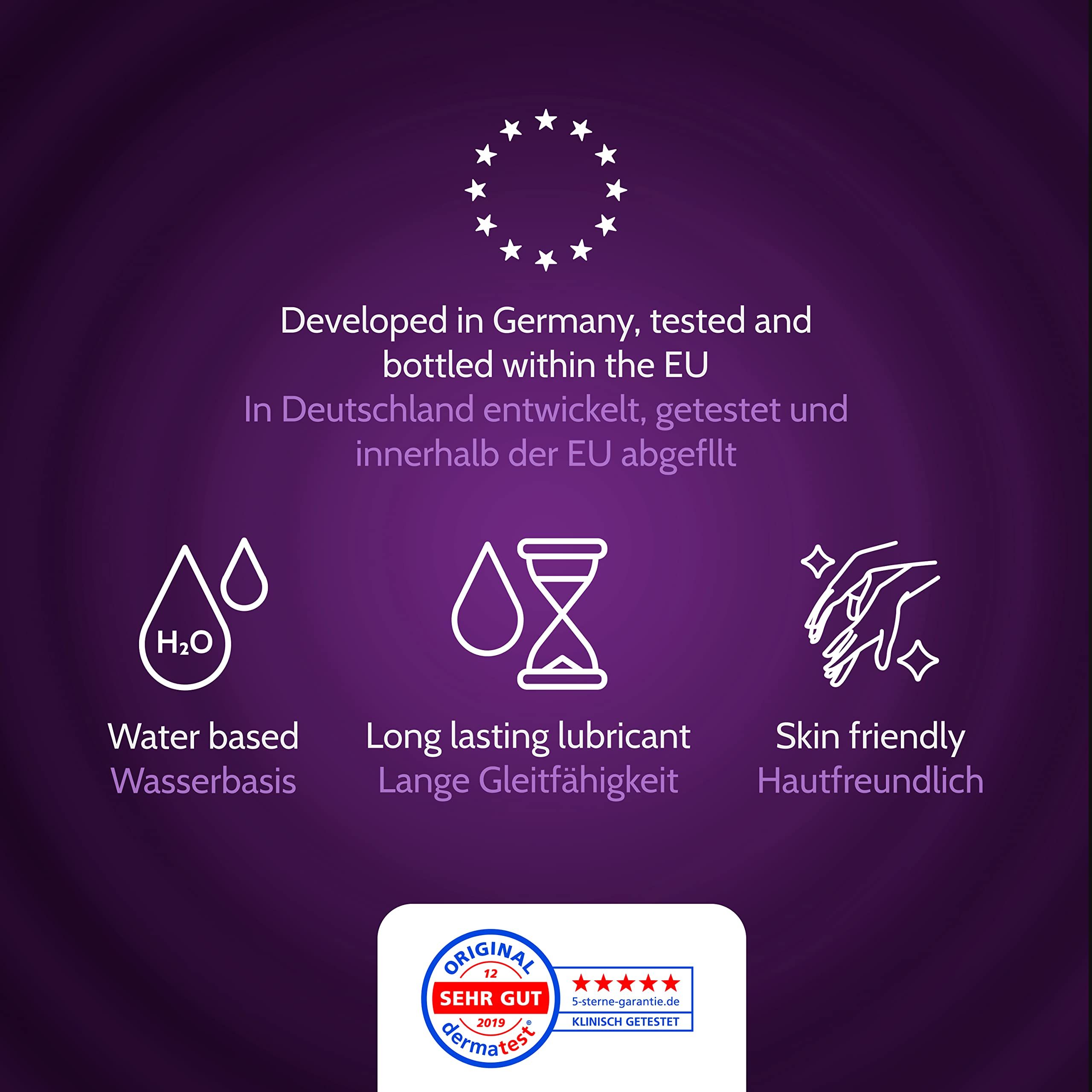 Vibratissimo Play Gel: Wasserbasiert, lang anhaltend, hautfreundlich. Dermatest Siegel.