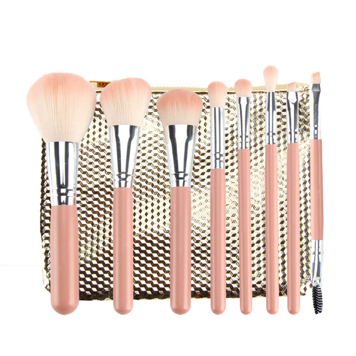 Set von Make-up-Pinseln mit rosa Griffen und goldener Tasche. Verschiedene Pinselformen und -größen.