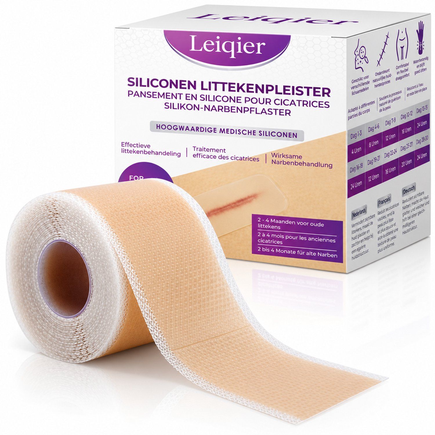Leiqier Silikon-Narbenpflaster Rolle, beige, 4cm x 1,5m. Verpackung zeigt Narbenpflege.