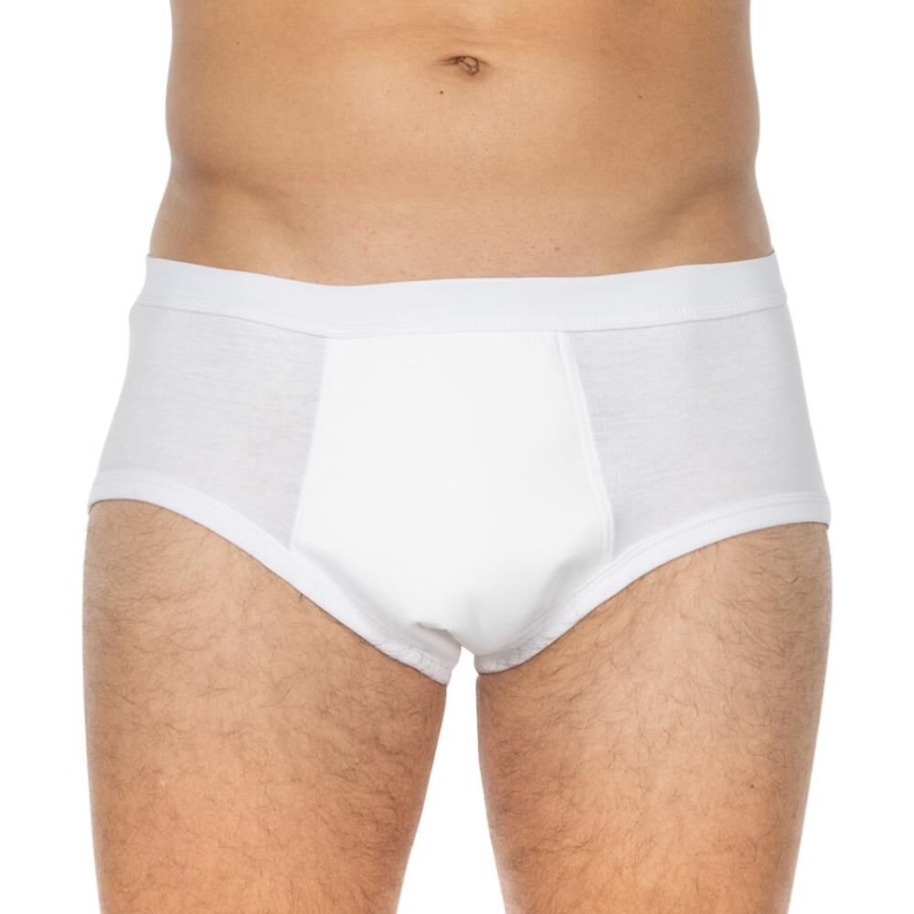 Weiße Herrenunterhose mit integrierter Saugeinlage. Frontansicht. Der Bund ist sichtbar. Der Stoff ist weiß.
