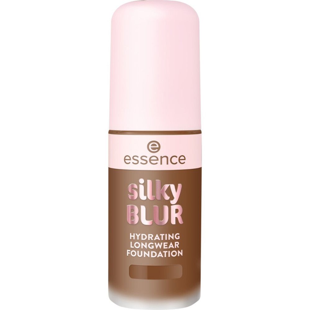 Essence Silky Blur Foundation. Flasche mit rosa Deckel und braunem Korpus. Schriftzug Silky Blur und Hydrating Longwear.