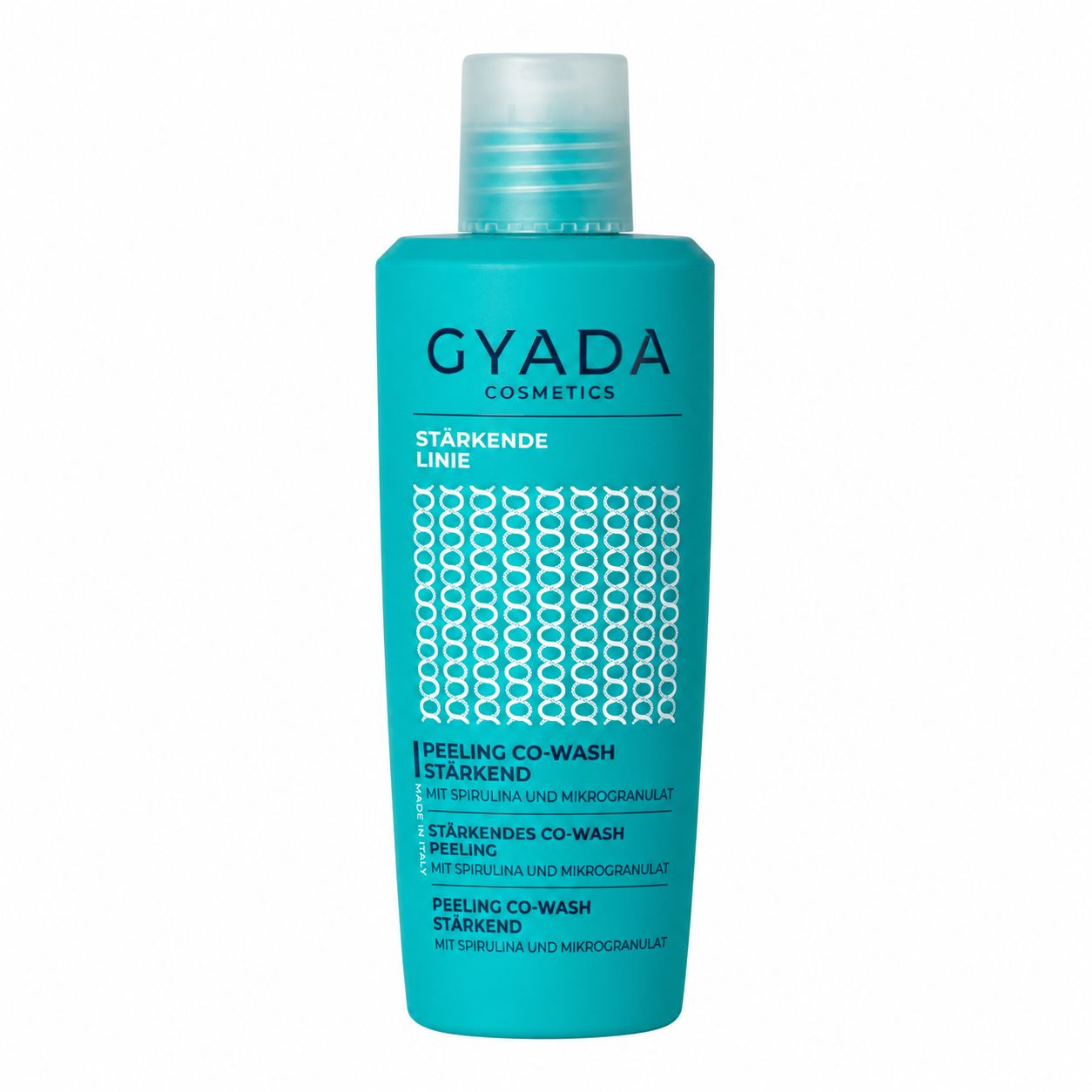 Türkise Flasche mit "GYADA COSMETICS" "STÄRKENDES CO-WASH" mit Wellenmuster.