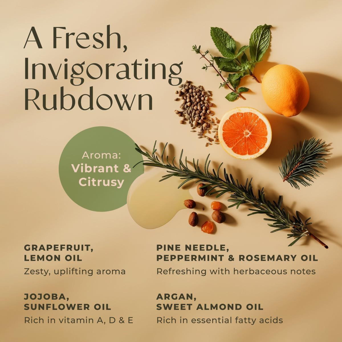 Zutaten von Massageöl: Grapefruit, Zitrone, Pfefferminze, Rosmarin, Kiefernnadel, Jojoba, Sonnenblumenöl, Argan, Süßmandelöl. Text: Frisch, belebend.