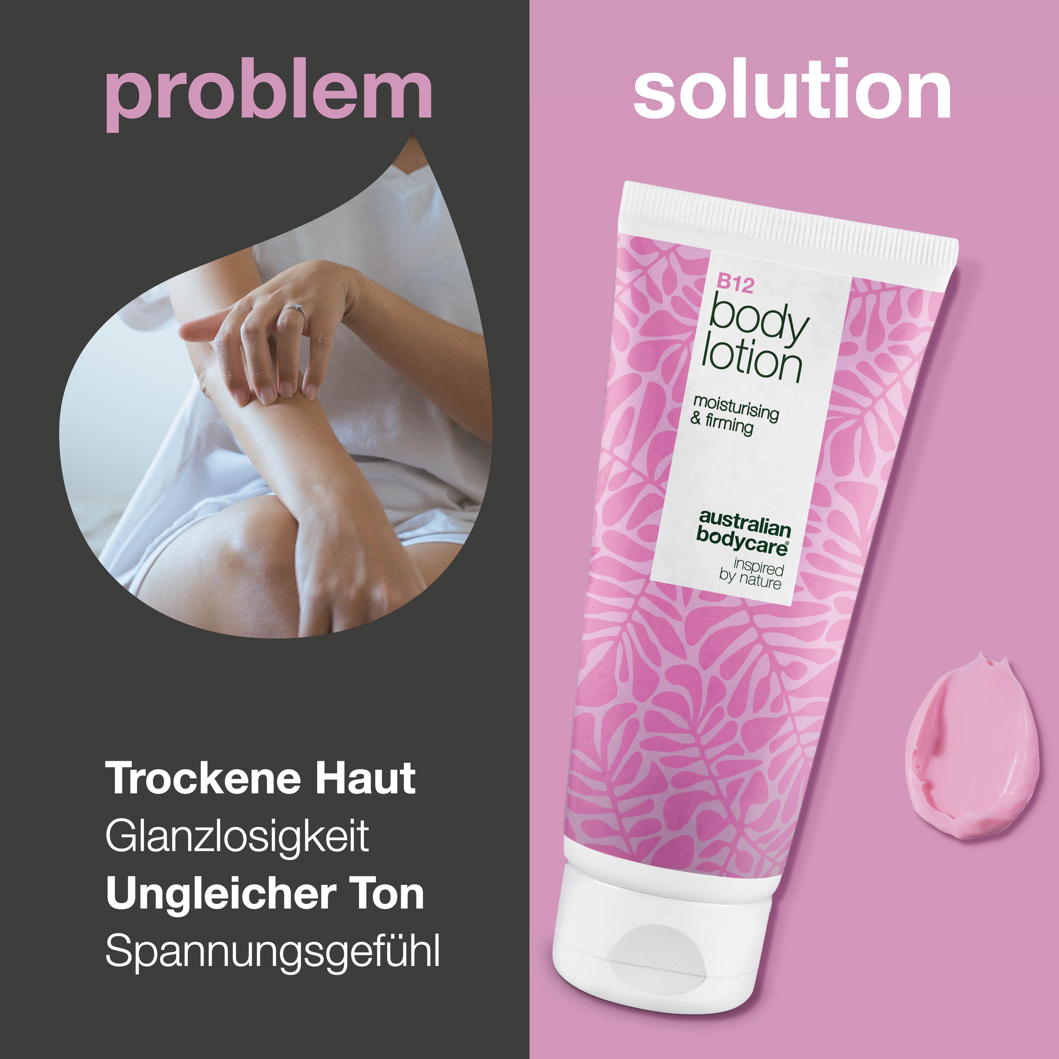 Vergleich: Problem (trockene Haut) und Lösung (B12 Body Lotion). Produkt neben rosa Creme.