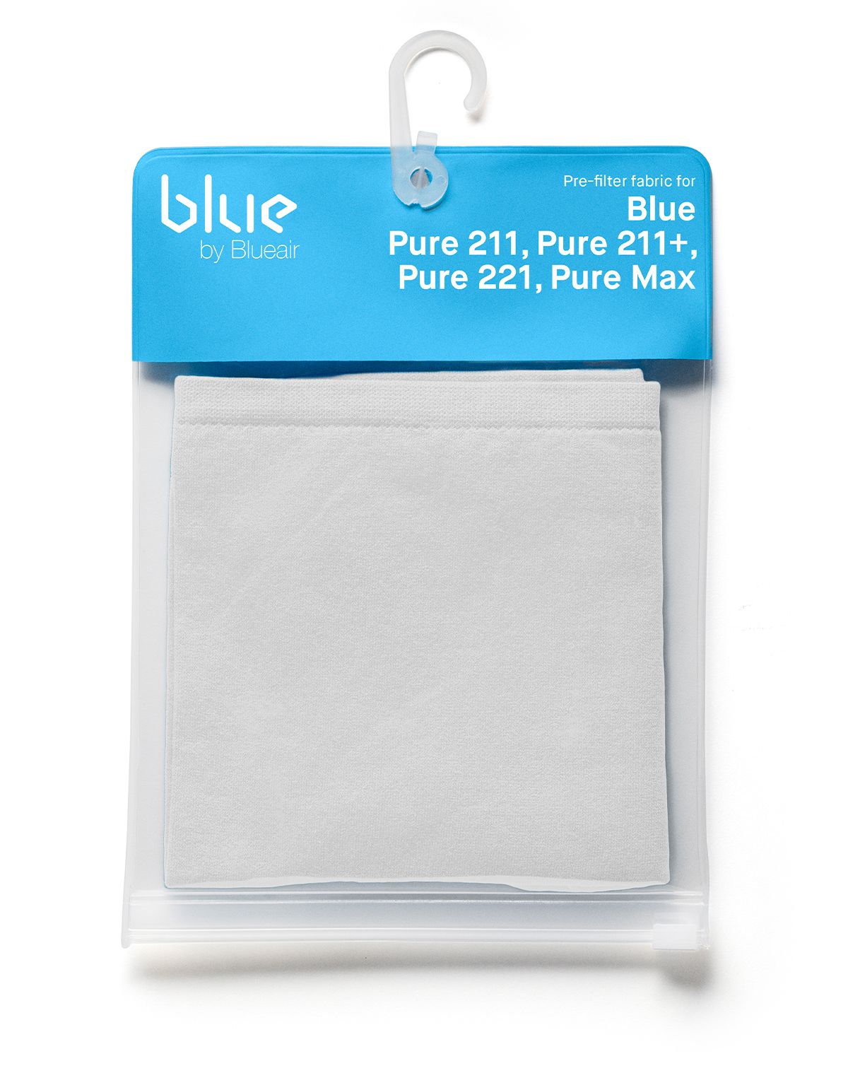 Verpackung mit weißem Vorfilter. Blaue Karte mit Produktnamen und Marke.