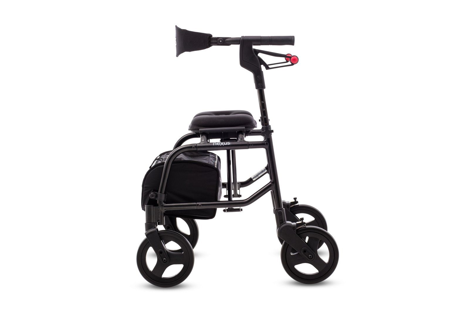 Rollator-Seitenansicht. Anthrazitfarben, mit Sitz, Tasche und vier Rädern. Schwarze Griffe.
