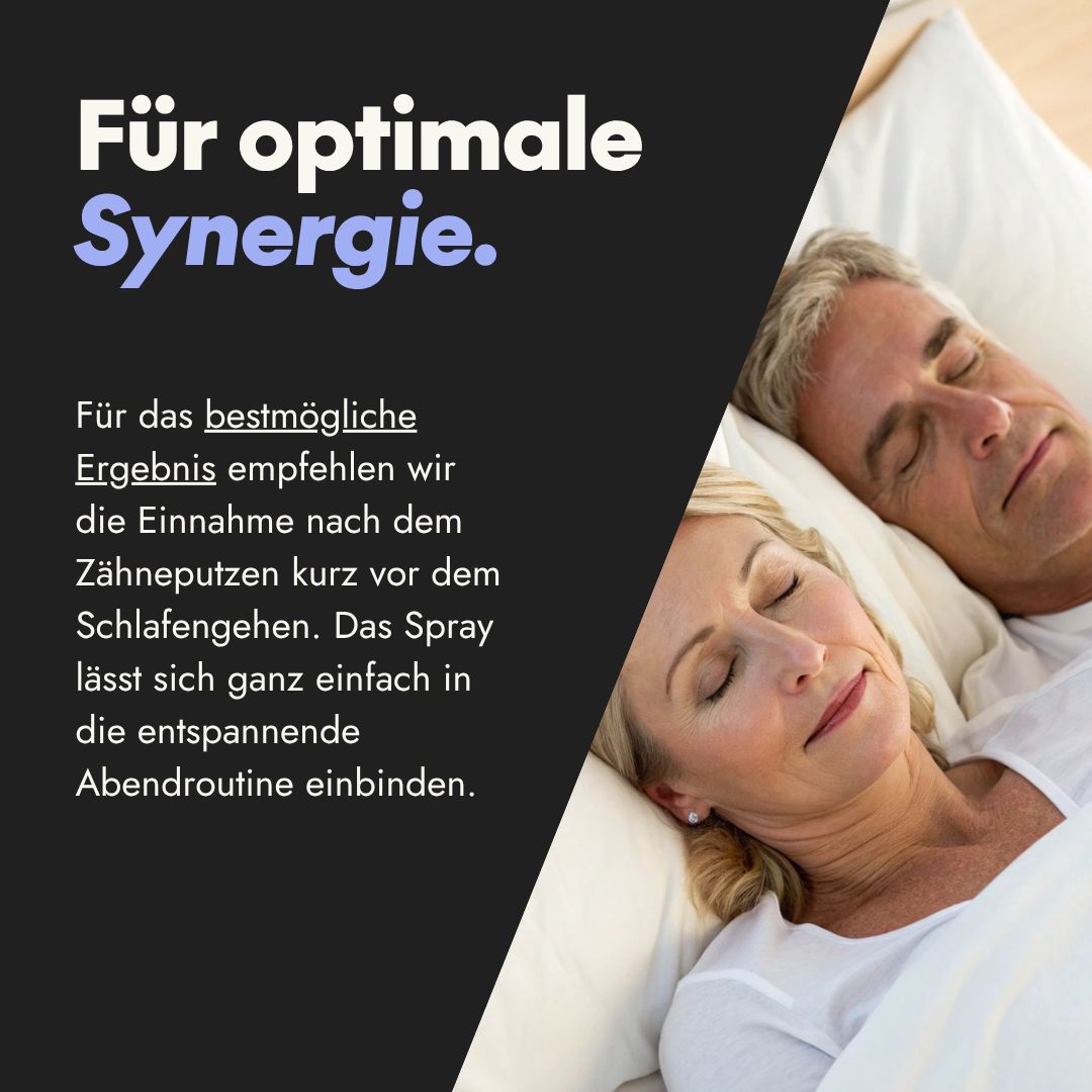 Paar schläft. Text: Für optimale Synergie. Empfehlung: Einnahme nach dem Zähneputzen. Spray für Abendroutine.