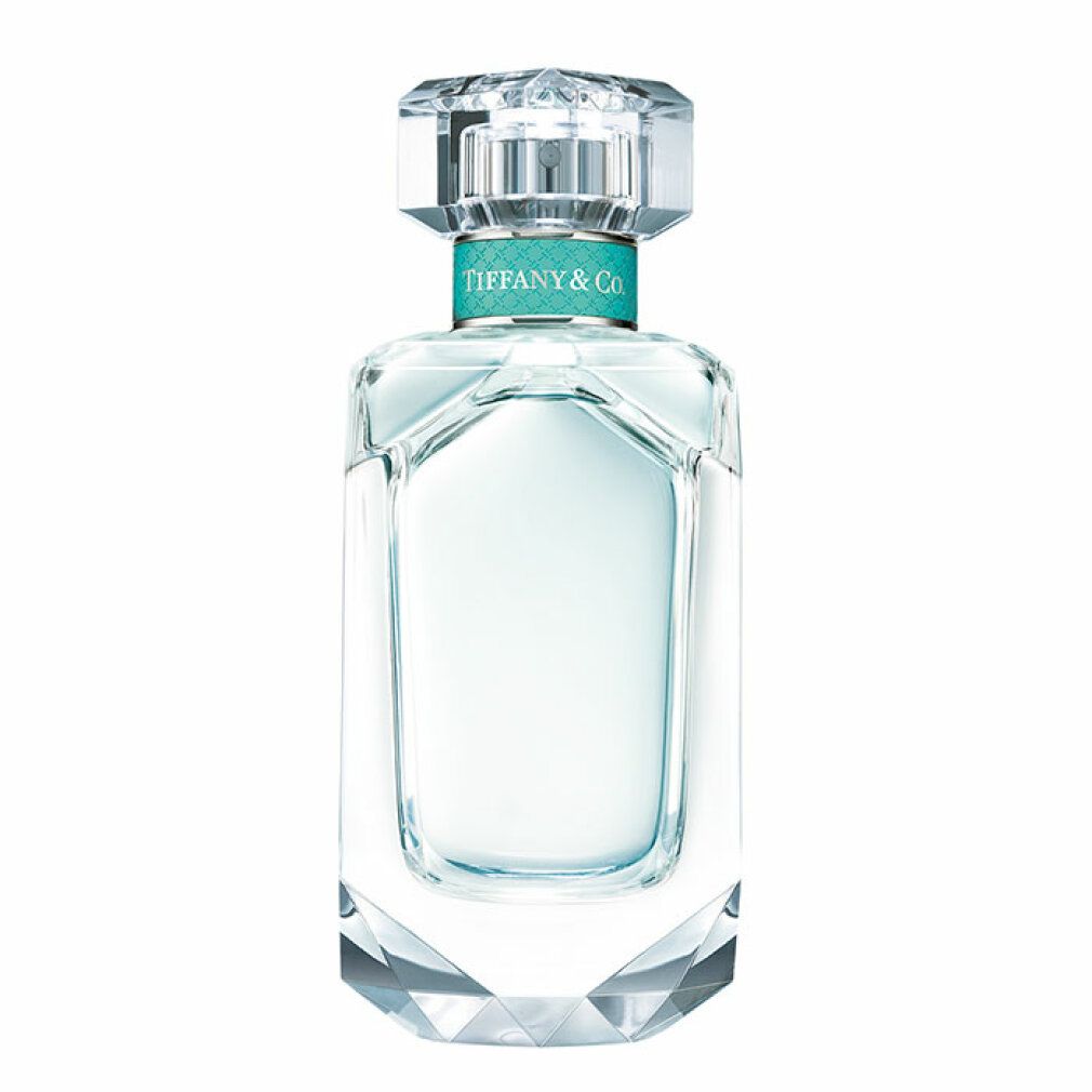 Glasflakon Tiffany & Co. mit facettiertem Boden und Deckel. Türkisfarbenes Band mit Logo. Transparente Flüssigkeit.