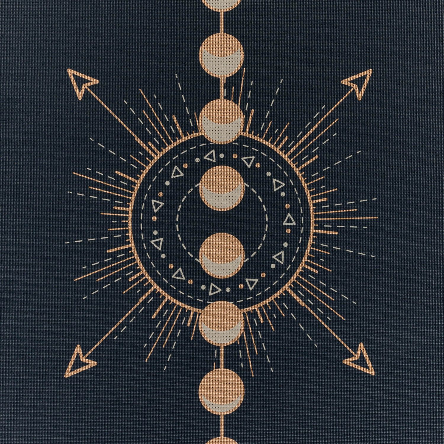 Nahaufnahme einer Yogamatte mit geometrischem Muster. Schwarzer Hintergrund, goldfarbene Elemente.