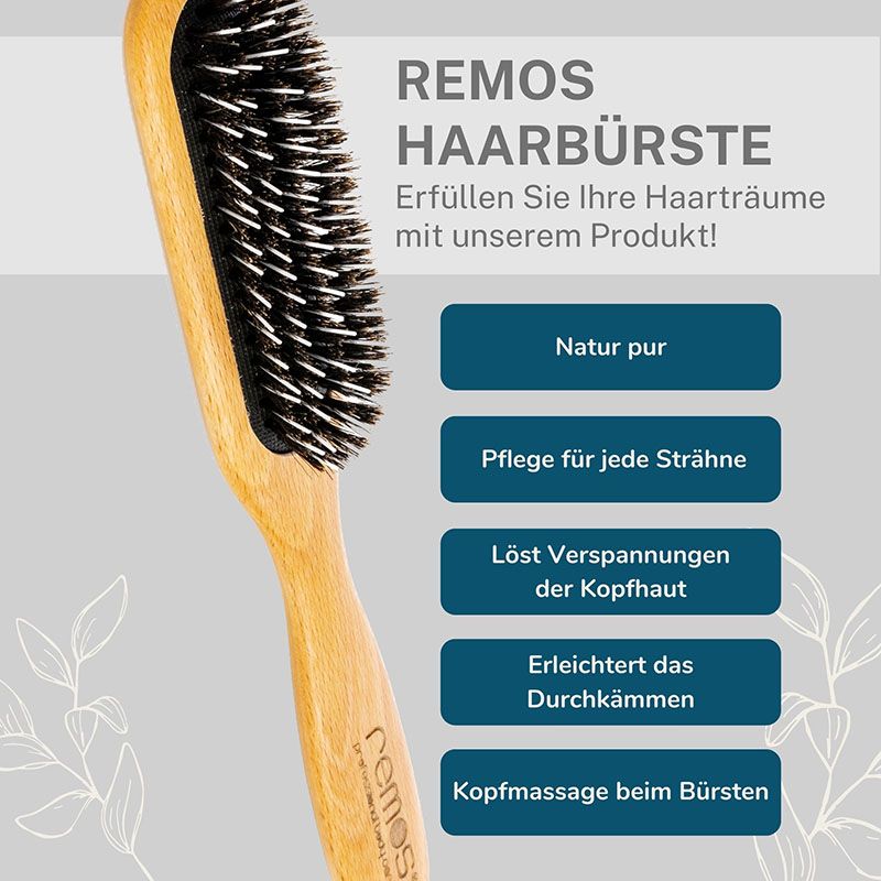 REMOS Haarbürste aus Wildschweinborste mit Frisierpins