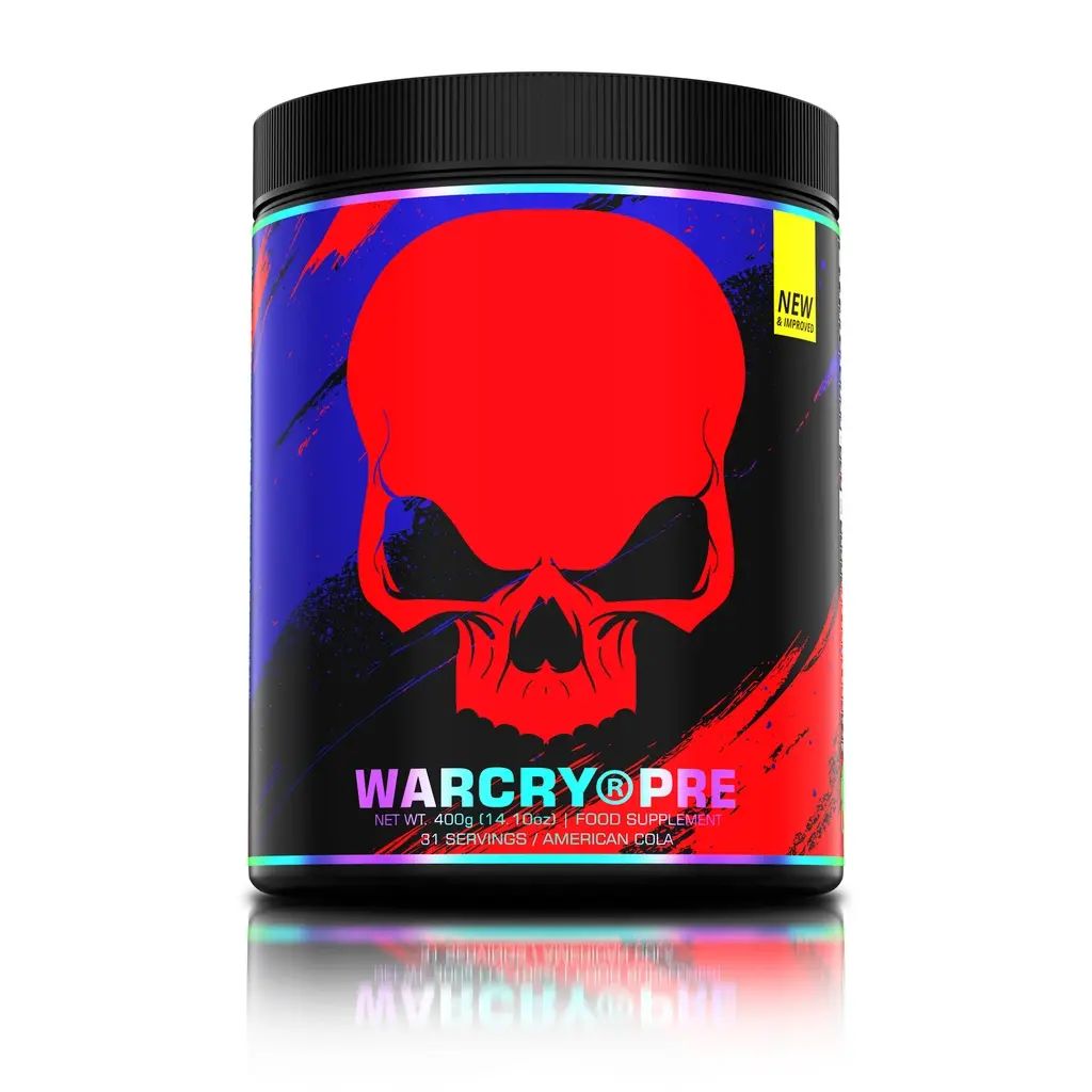 Schwarze Dose mit rotem Totenkopf-Design. Aufschrift WARCRY® PRE. Enthält 61 Portionen.