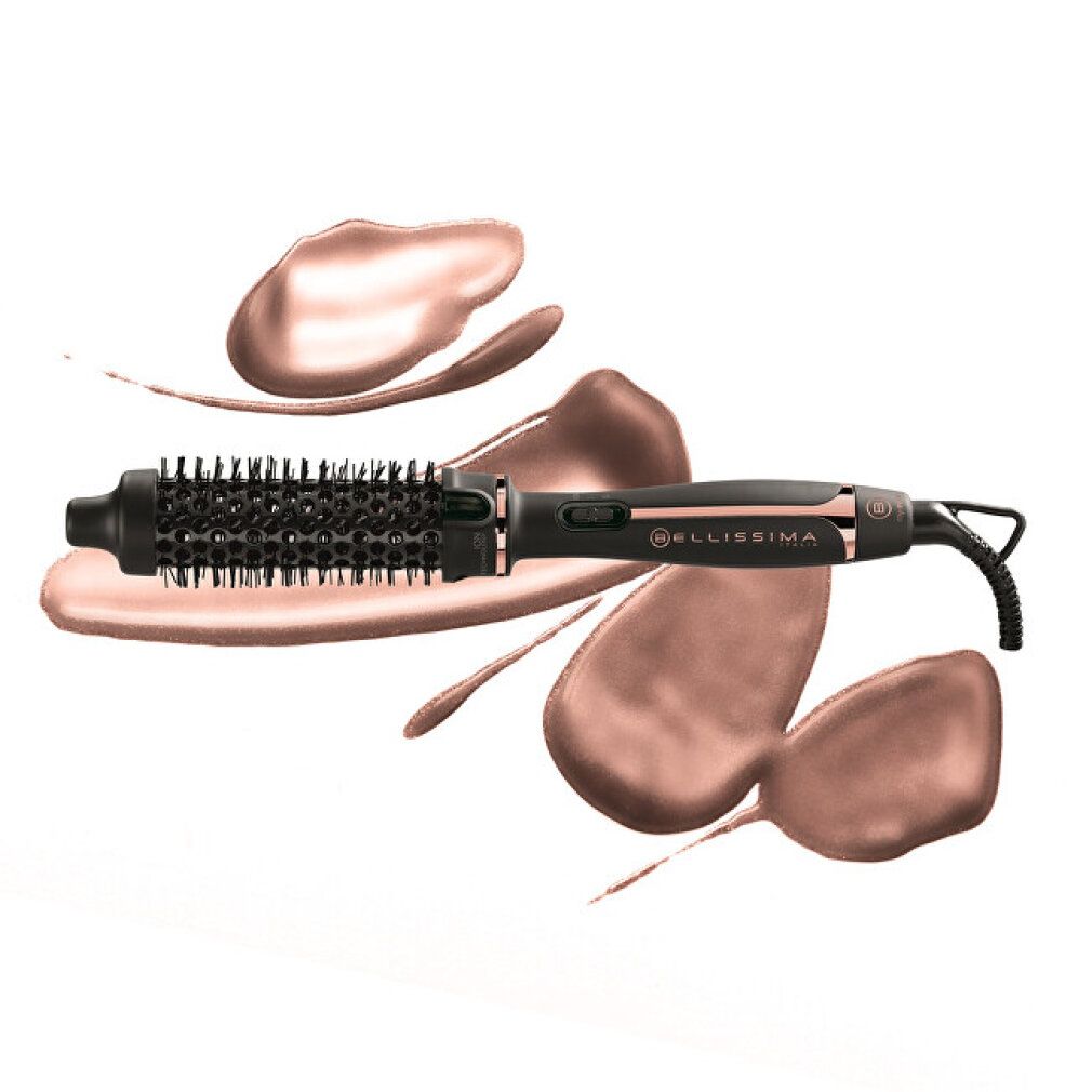 Haarheizbürste, schwarz und roségoldfarben. Zylindrischer Bürstenkopf mit Borsten. Griff mit Bedienelementen. Schwarzes Kabel.