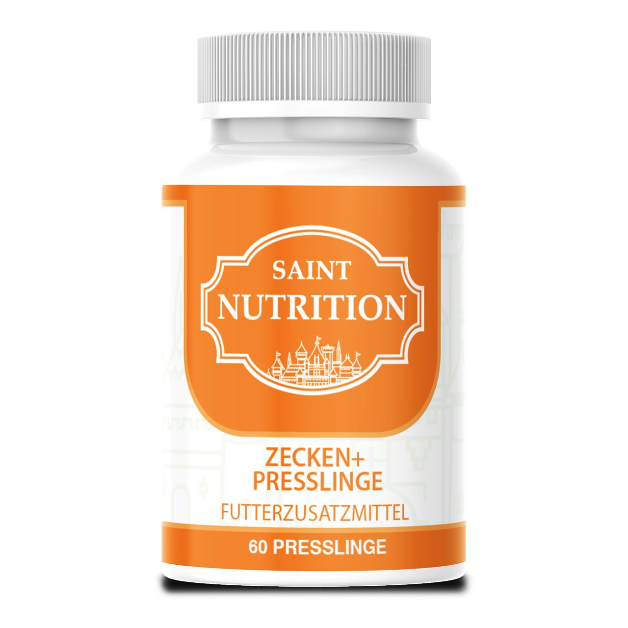 Weiße Flasche mit orangefarbenem Etikett. Aufschrift: SAINT NUTRITION, ZECKEN+ PRESSLINGE, Futterzusatzmittel, 60 PRESSLINGE.