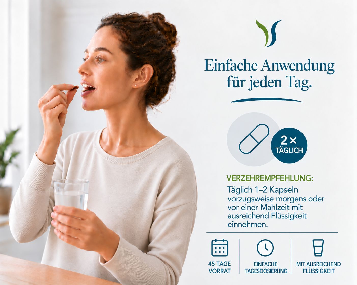 Frau nimmt Vitalsee OPC Traubenkernextrakt Kapsel mit Wasser ein.
