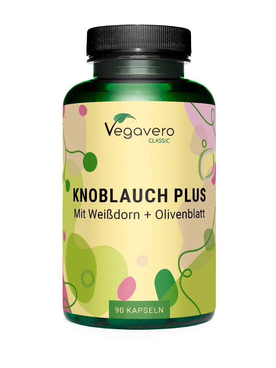 Grüne Flasche mit schwarzem Deckel. Aufschrift: Vegavaro Knoblauch Plus. 90 Kapseln.