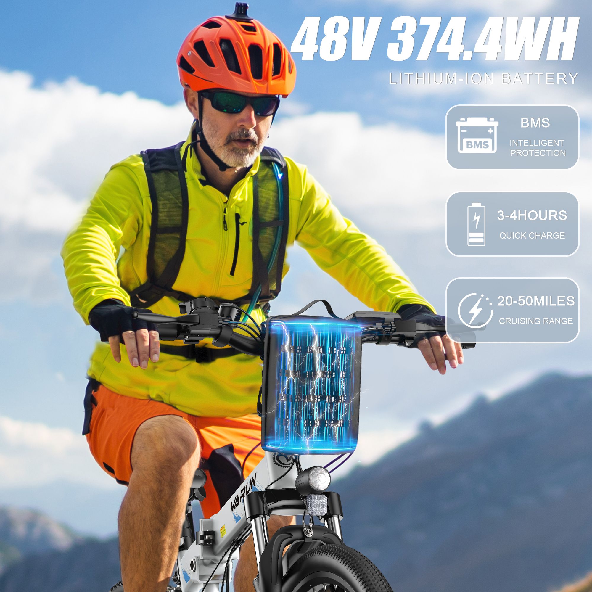 Person fährt E-Bike. Text: 48V 374,4Wh Lithium-Ionen-Batterie, BMS, 3-4 Stunden Schnellladung, 20-50 Meilen Reichweite.