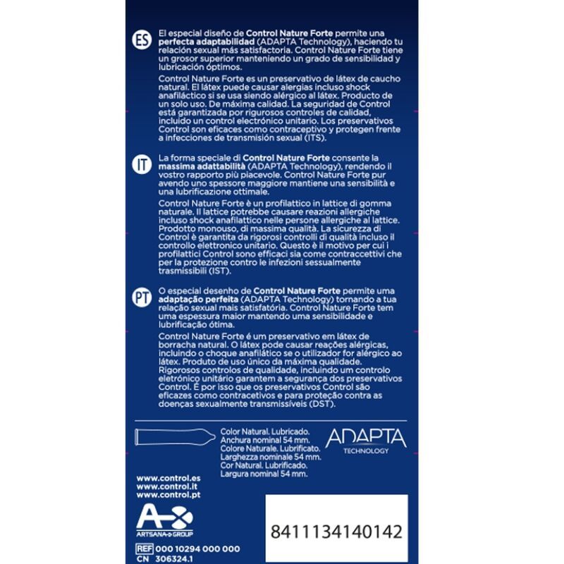 Rückseite einer Verpackung mit Text in mehreren Sprachen. Enthält Informationen zu den Kondomen und Herstellerangaben.