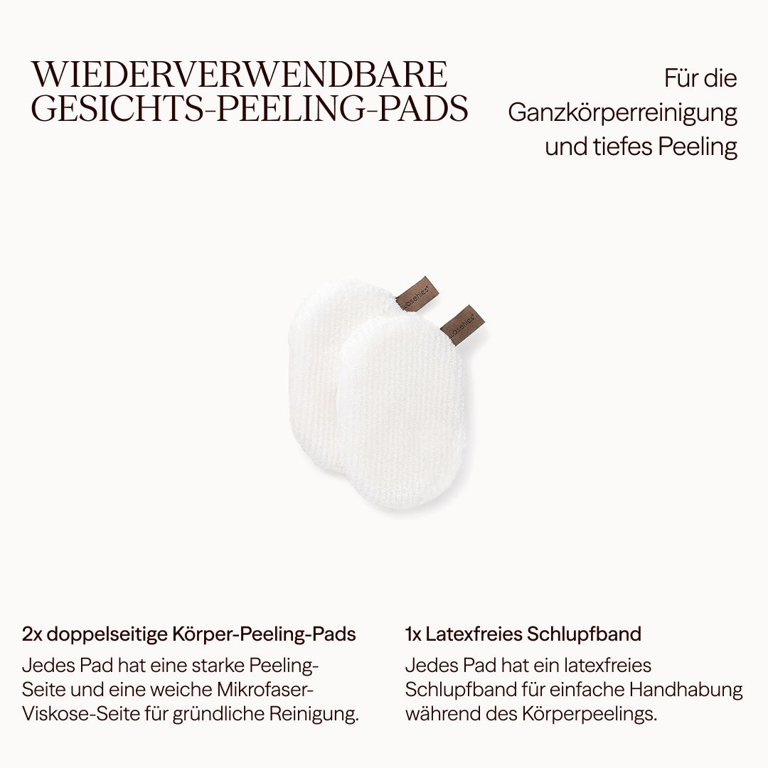 Zwei weiße, ovale Waschies-Peelingpads mit braunen Schlaufen. Text: Wiederverwendbare Gesichts-Peeling-Pads. Für die Ganzkörperreinigung und tiefes Peeling.