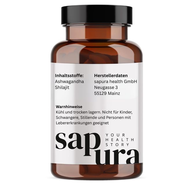 Rückseite einer braunen Glasflasche mit weißem Etikett. Enthält Inhaltsstoffe, Herstellerdaten und Warnhinweise. Marke: sapura YOUR HEALTH STORY.