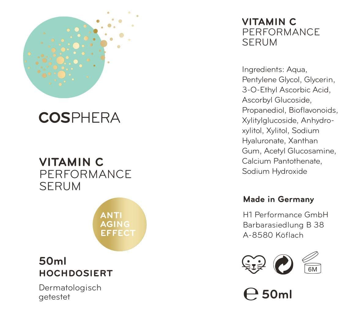 Cosphera Vitamin C Performance Serum, 50ml, hochdosiert, dermatologisch getestet.