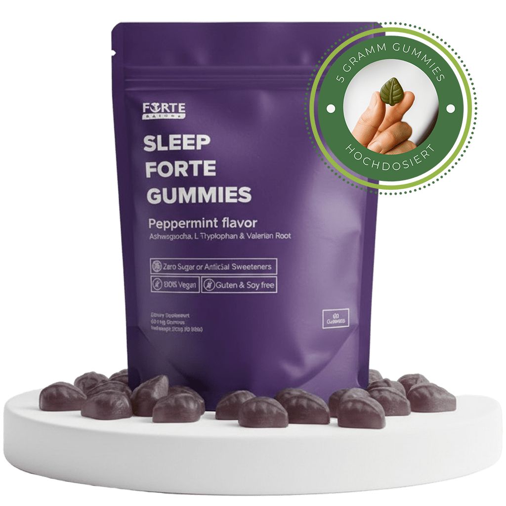 Lila Beutel Forte Natura Schlaf Forte Gummies mit Pfefferminzgeschmack, umgeben von Gummis. Siegel für 5 Gramm hochdosiert.