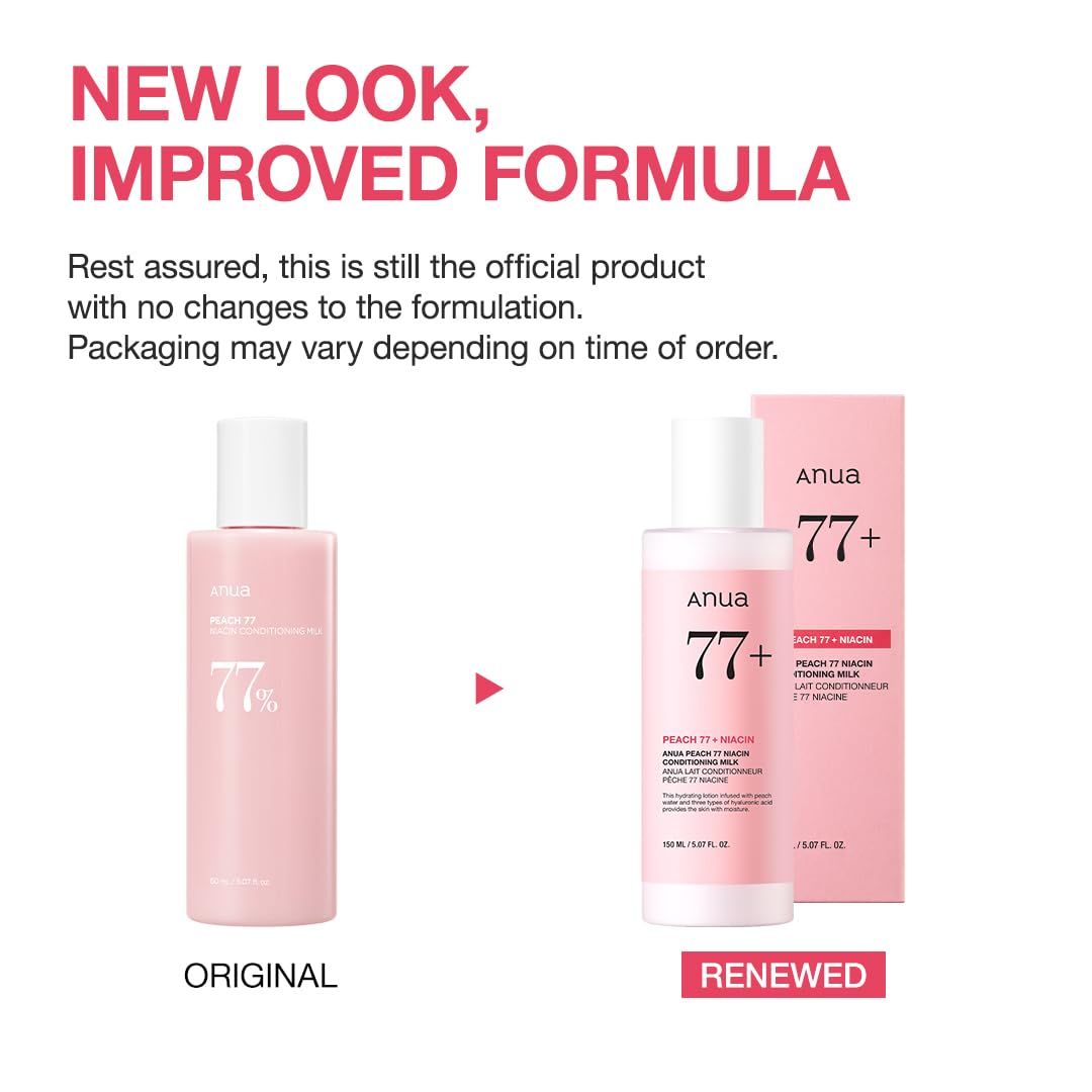 Zwei rosa Flaschen, eine mit "Original", die andere mit "Erneuert". Text: "Anua 77+".