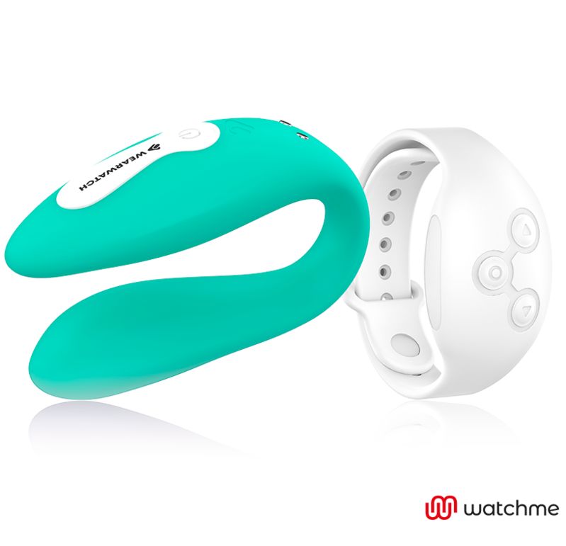 Türkisfarbenes Wellness-Produkt mit weißer Armbanduhr. Auf dem Produkt steht "Wearwatch". Die Armbanduhr hat Knöpfe.