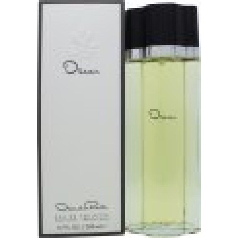 Flakon und Verpackung von Oscar Eau de Toilette Spray. Rechteckige Flasche mit schwarzem Deckel. Weiße Verpackung mit Logo.