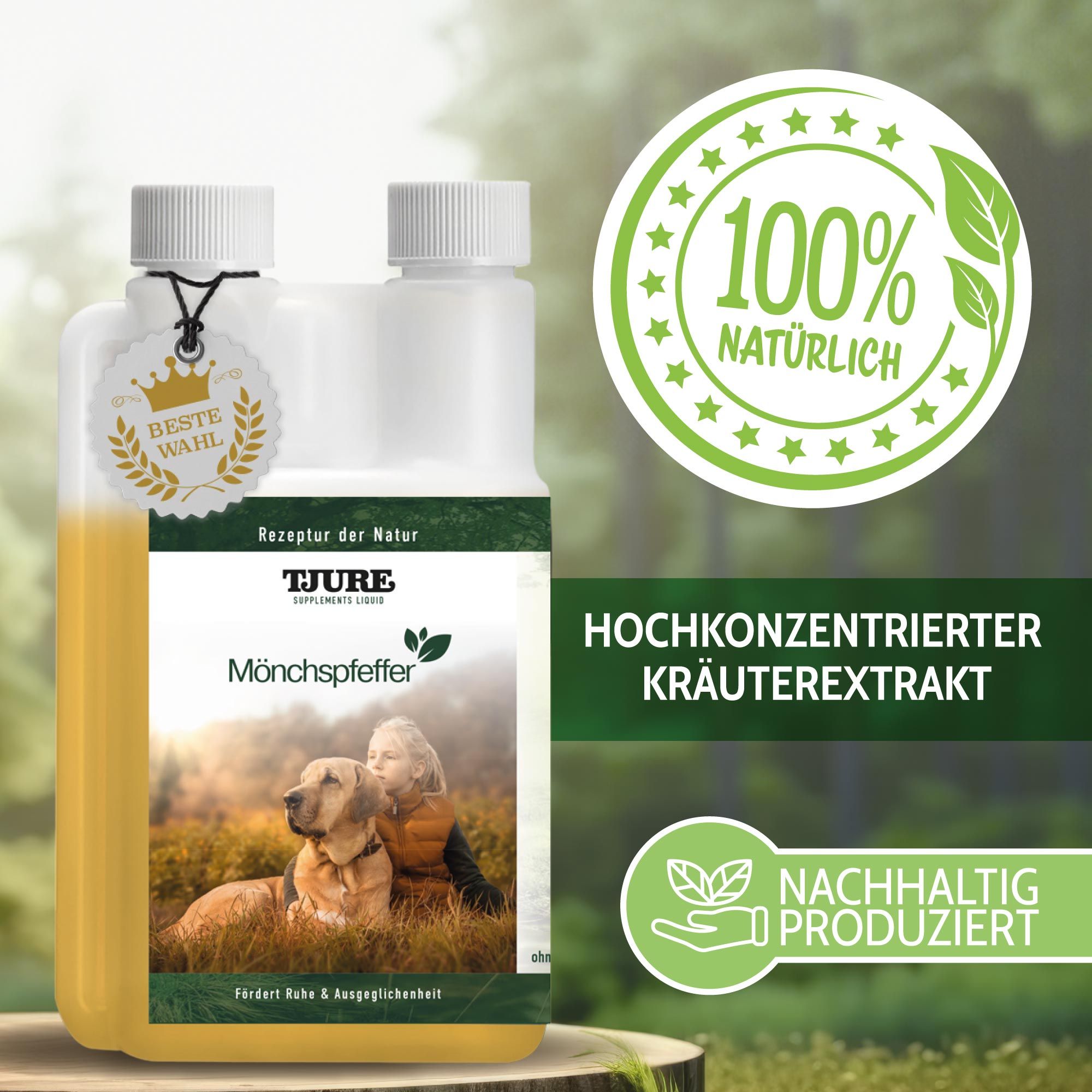 Doppelpack-Flasche mit gelber Flüssigkeit. Etikett mit Produktname, Logo und Abbildung von Hund und Kind. Text: 100% natürlich, hochkonzentrierter Kräuterextrakt, nachhaltig produziert.