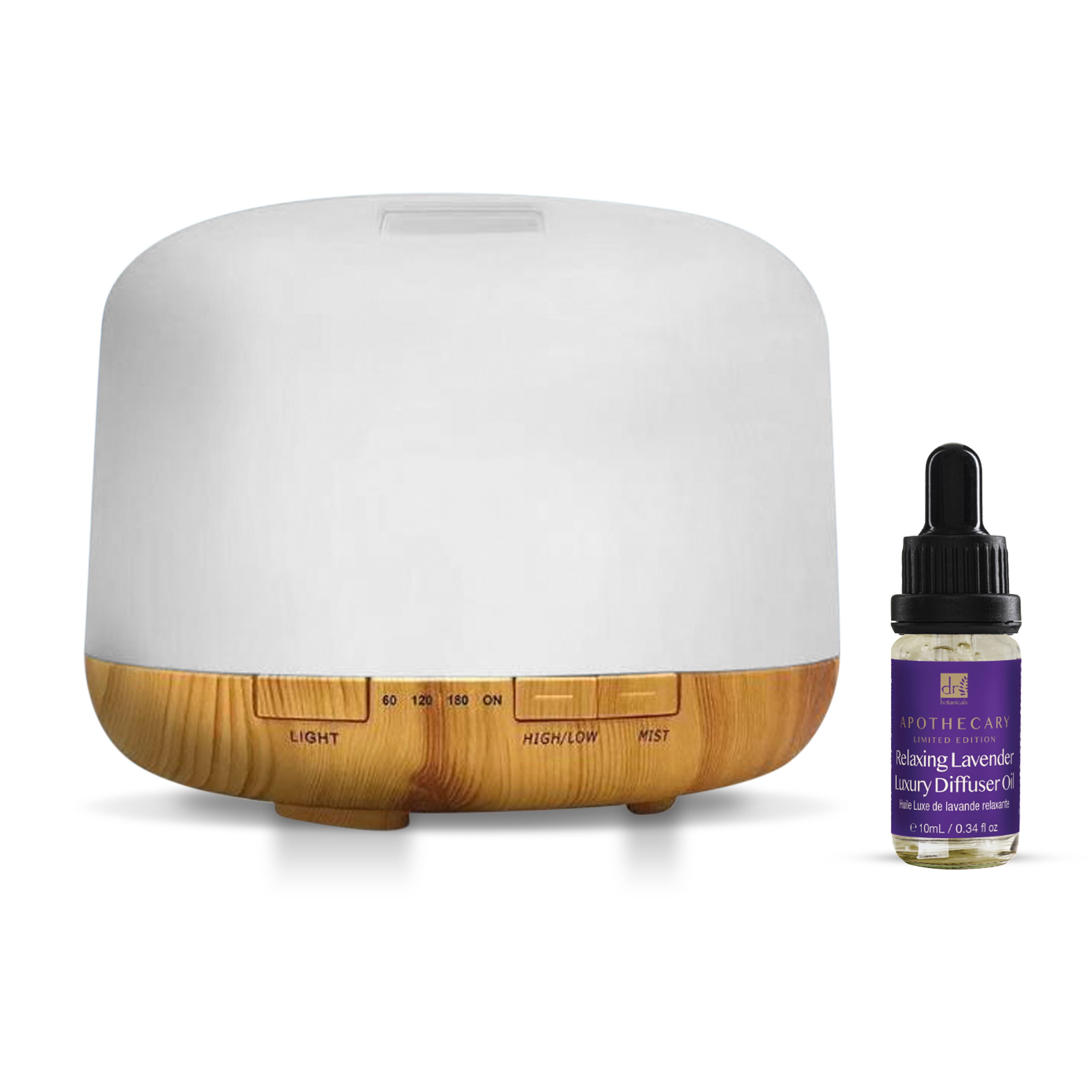 Weißer Diffusor mit Holzbasis und Lavendelöl-Fläschchen. Aufschrift: Apothecary, Relaxing Lavender Luxury Diffuser Oil.