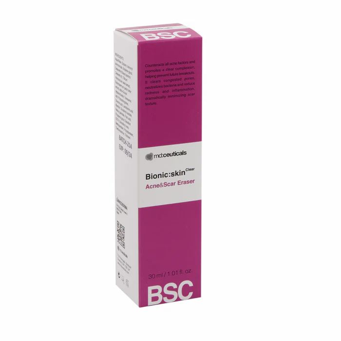 Bionic:skin clear Acne&Scar Eraser-Verpackung. Rosa-weiße Schachtel mit Produktinformationen. 30 ml/1.01 fl oz.