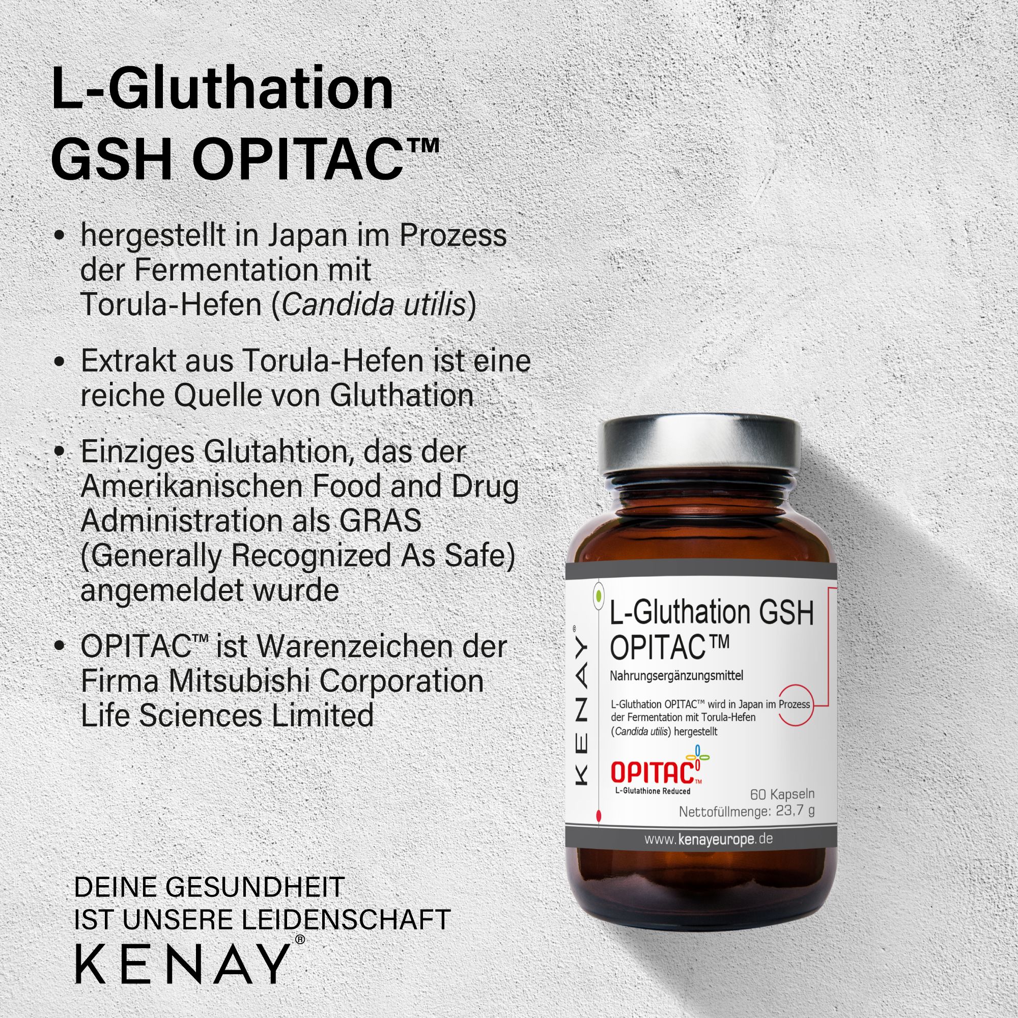 Braune Glasflasche mit L-Gluthation GSH OPITAC™ Kapseln. Text und Logo KENAY® auf dunklem Hintergrund. 60 Kapseln.