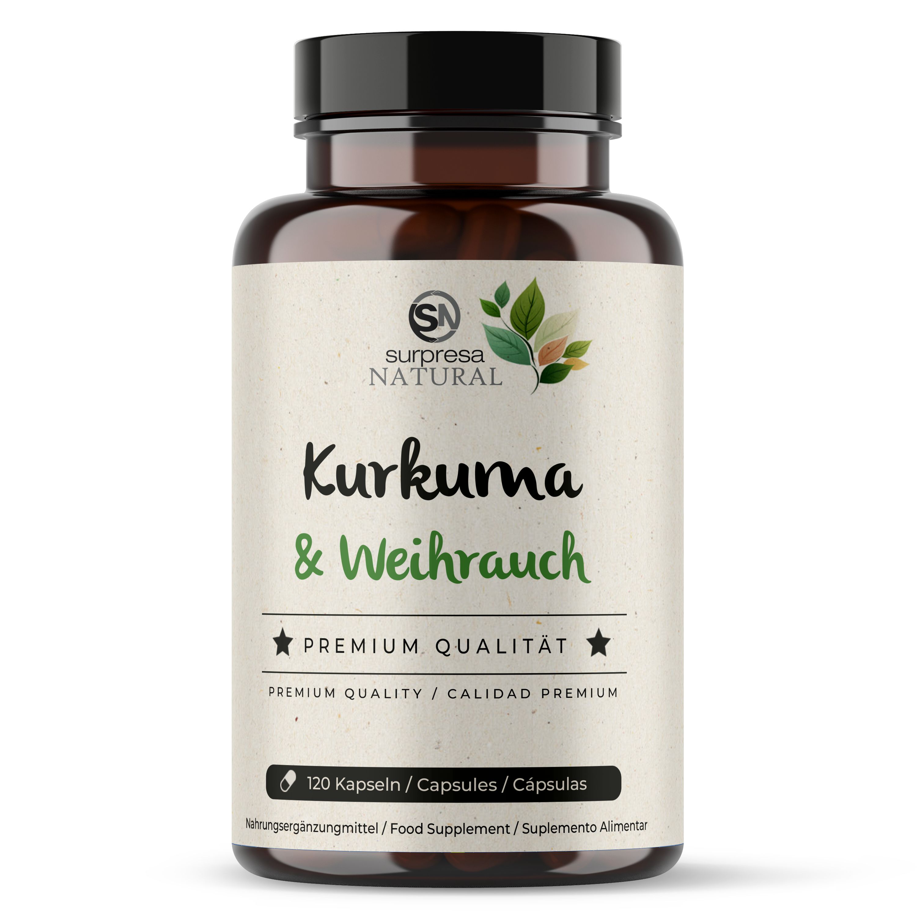 Braune Flasche mit weißem Etikett. Aufschrift: Kurkuma & Weihrauch, Premium Qualität. 120 Kapseln. Nahrungsergänzungsmittel.