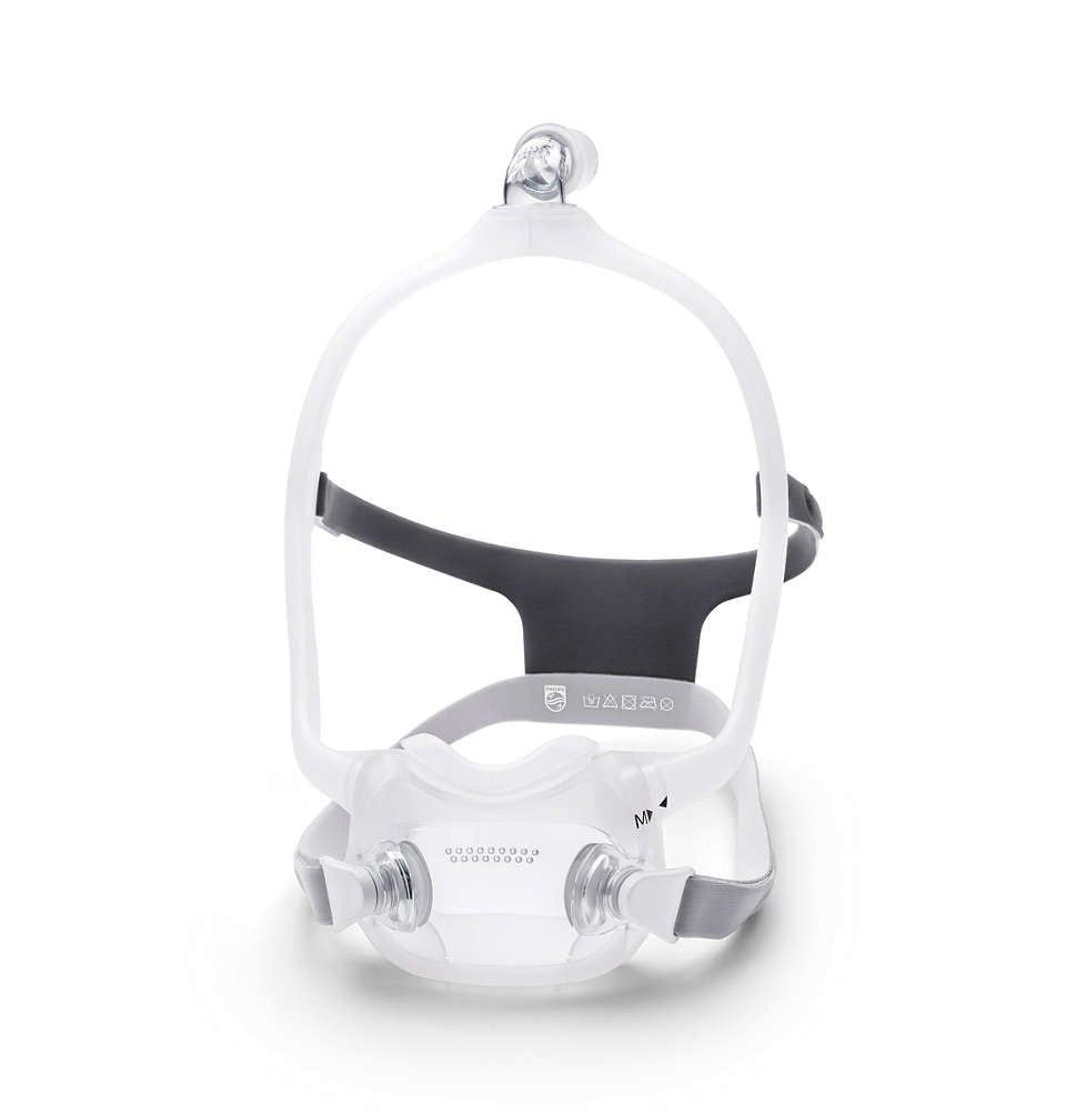Gesichtsmaske mit Kopfband. Weiß, grau und transparent. Mit Ausatemventil und Kopfband. Marke Philips.