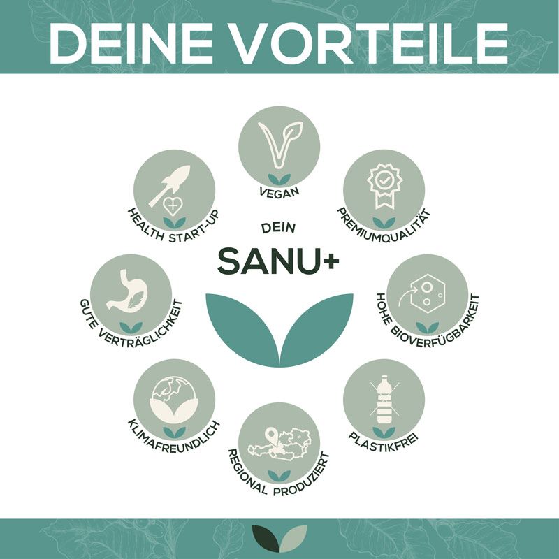 Kreisförmige Darstellung von Icons. Text: Vegan, Premiumqualität, gute Verträglichkeit, klimafreundlich, regional produziert, plastikfrei.