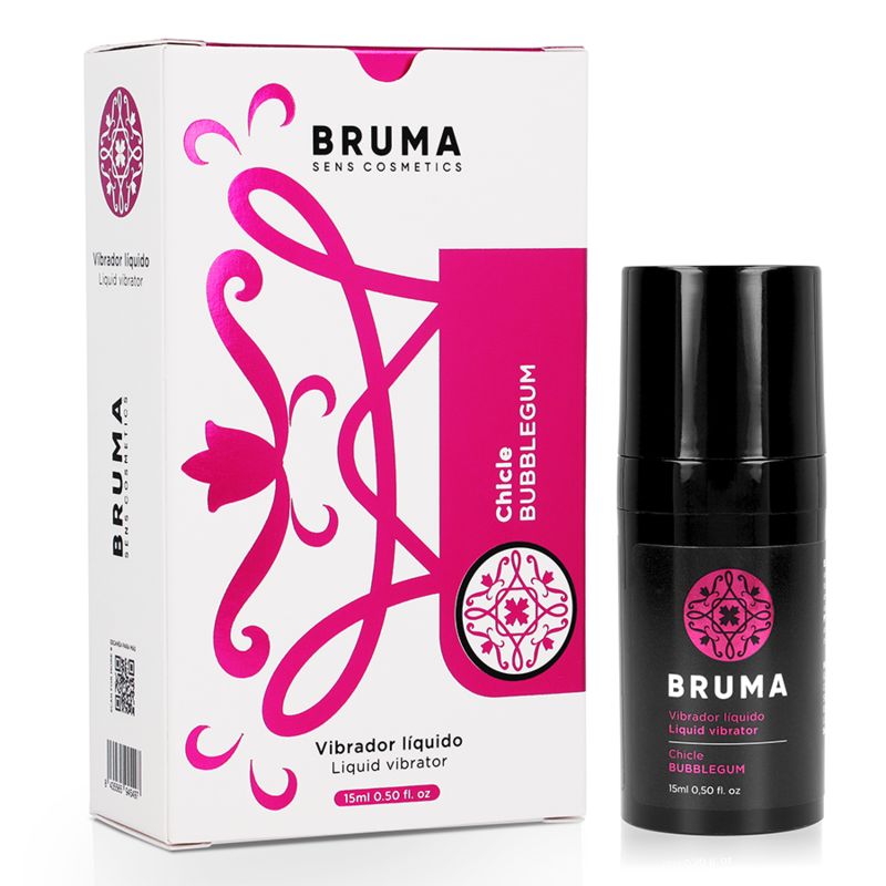 Produktverpackung mit Flasche. Produktname: Bruma. Geschmack: Bubblegum. 15ml Format.