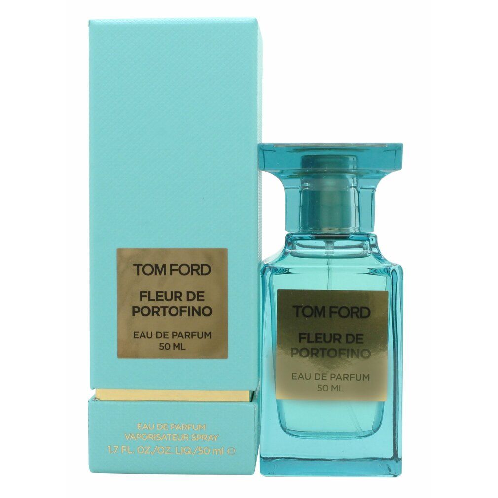 Türkisfarbene Flasche und Schachtel. Aufschrift: Tom Ford Fleur de Portofino Eau de Parfum, 50 ml.