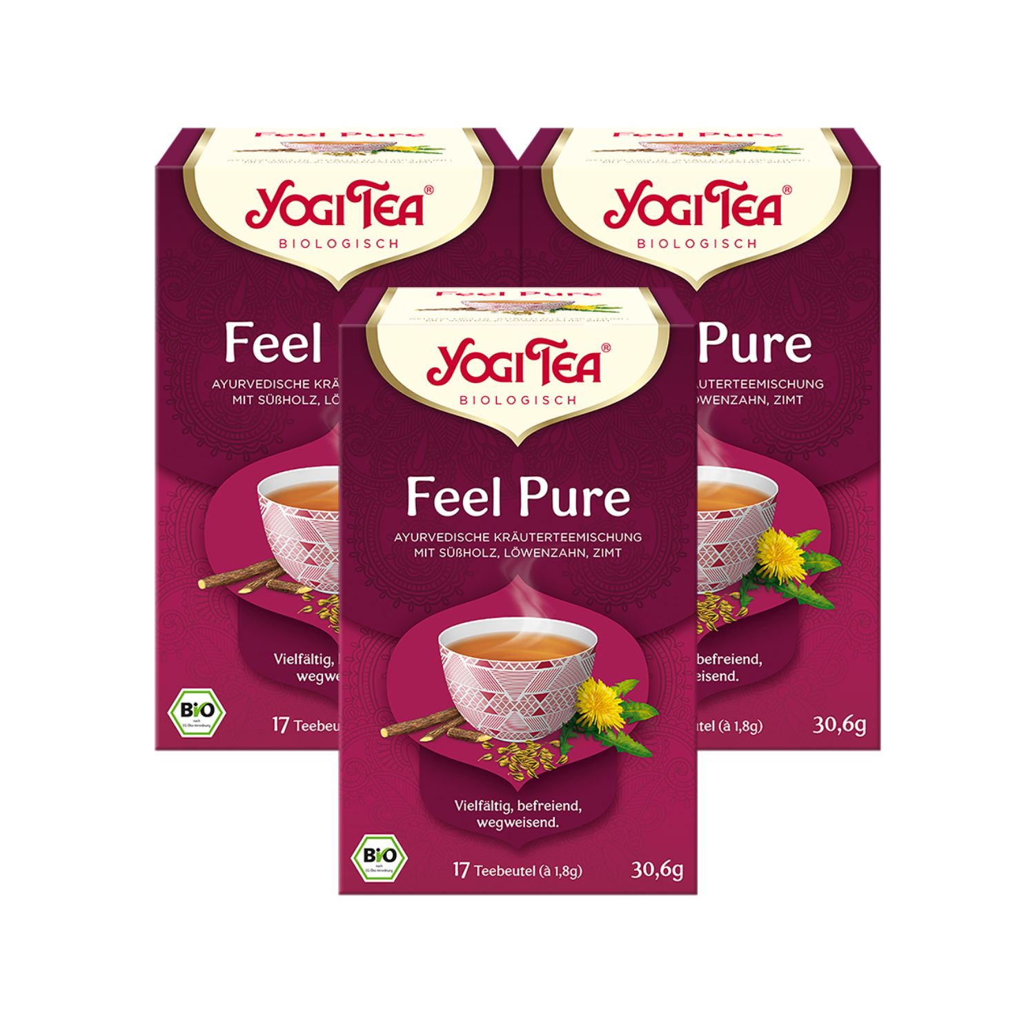 Drei Packungen Yogi Tea Feel Pure. Aufdruck: ayurvedische Kräutermischung, 17 Teebeutel, Bio-Siegel.