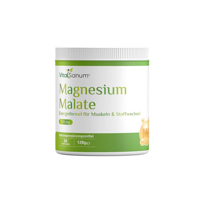 Weißes Dose mit grünem Deckel und Band. Aufschrift: VitaSanum Magnesium Malate. 120g. Nahrungsergänzungsmittel.