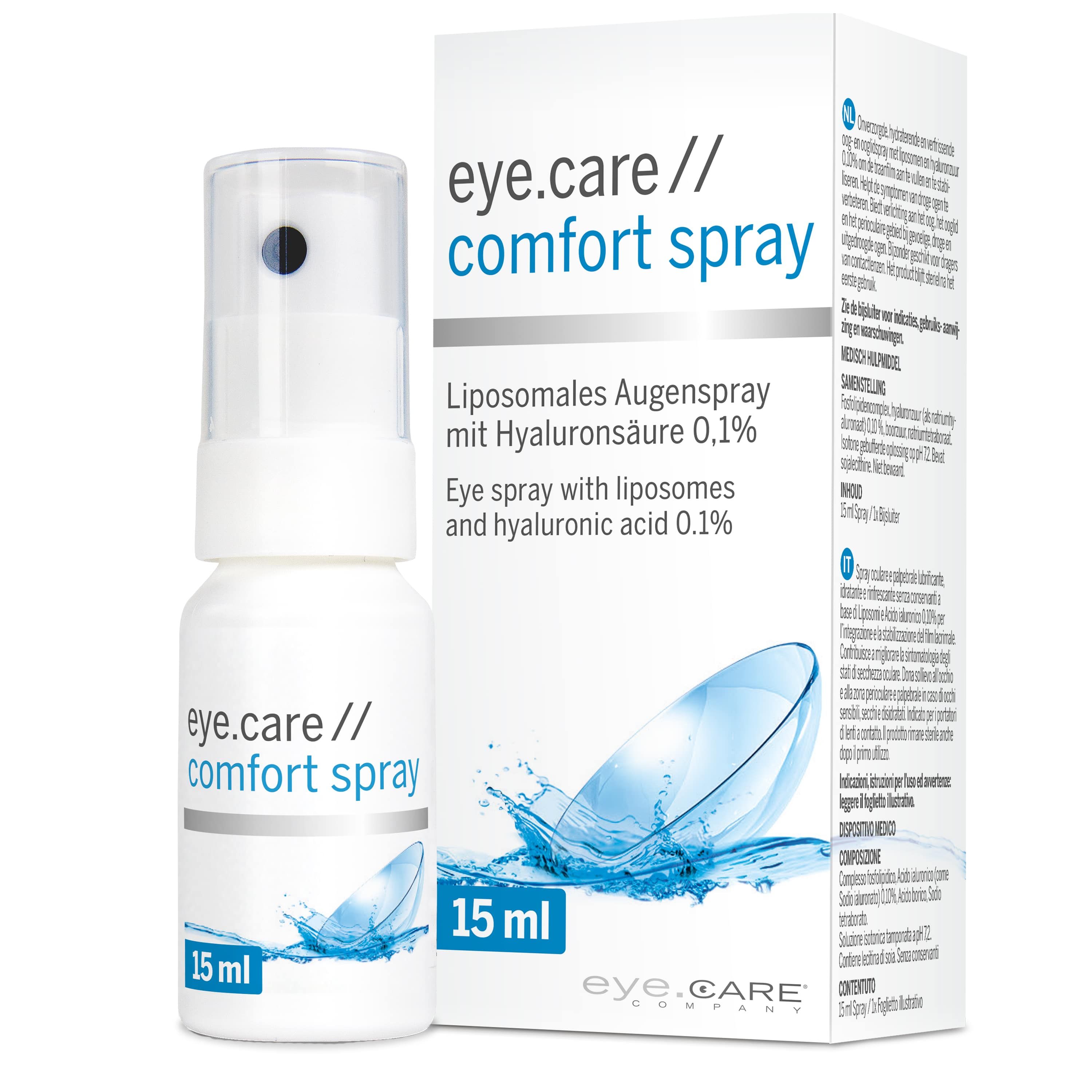 Augenspray und Verpackung. Fläschchen mit Sprühkopf, 15 ml. Aufschrift: eye.care // comfort spray. Verpackung mit Produktinformationen.