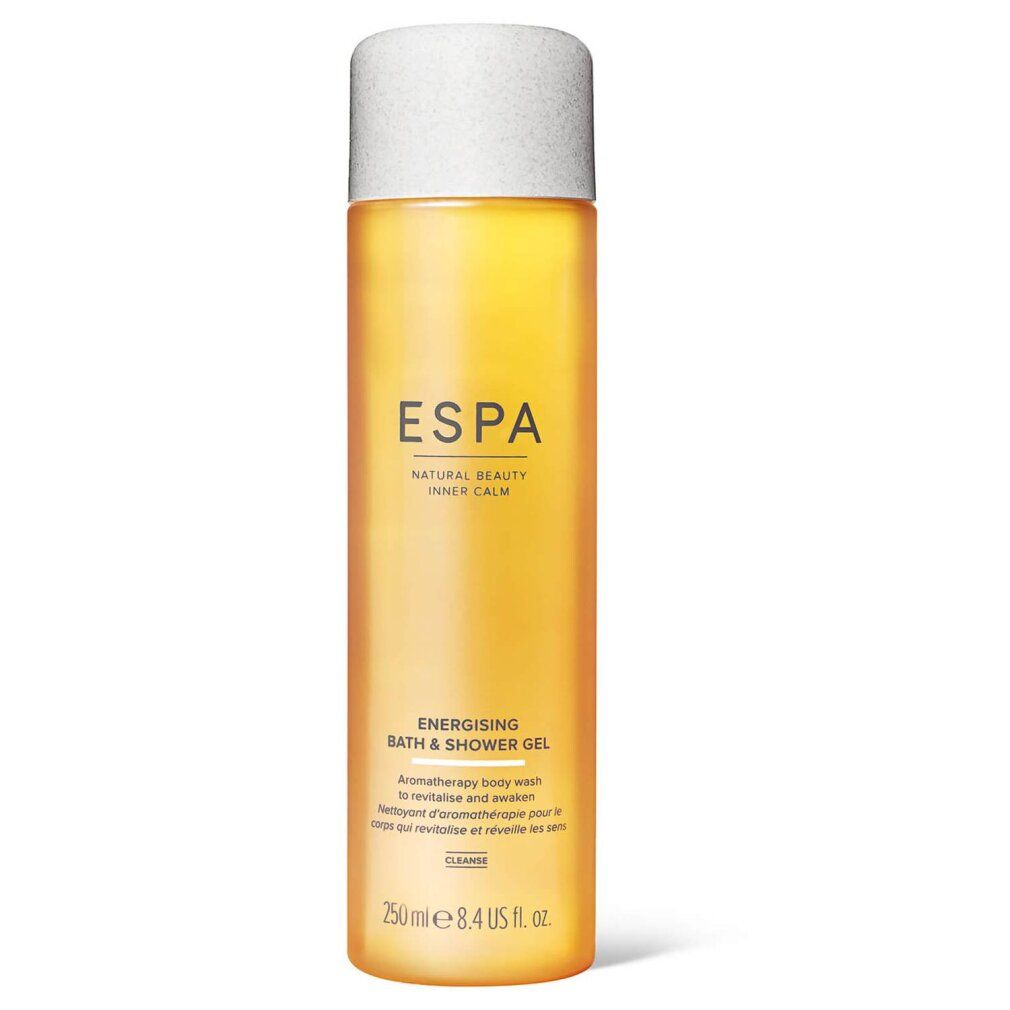ESPA Energising Bade & Duschgel, 250ml, in gelber Flasche mit weißem Verschluss.