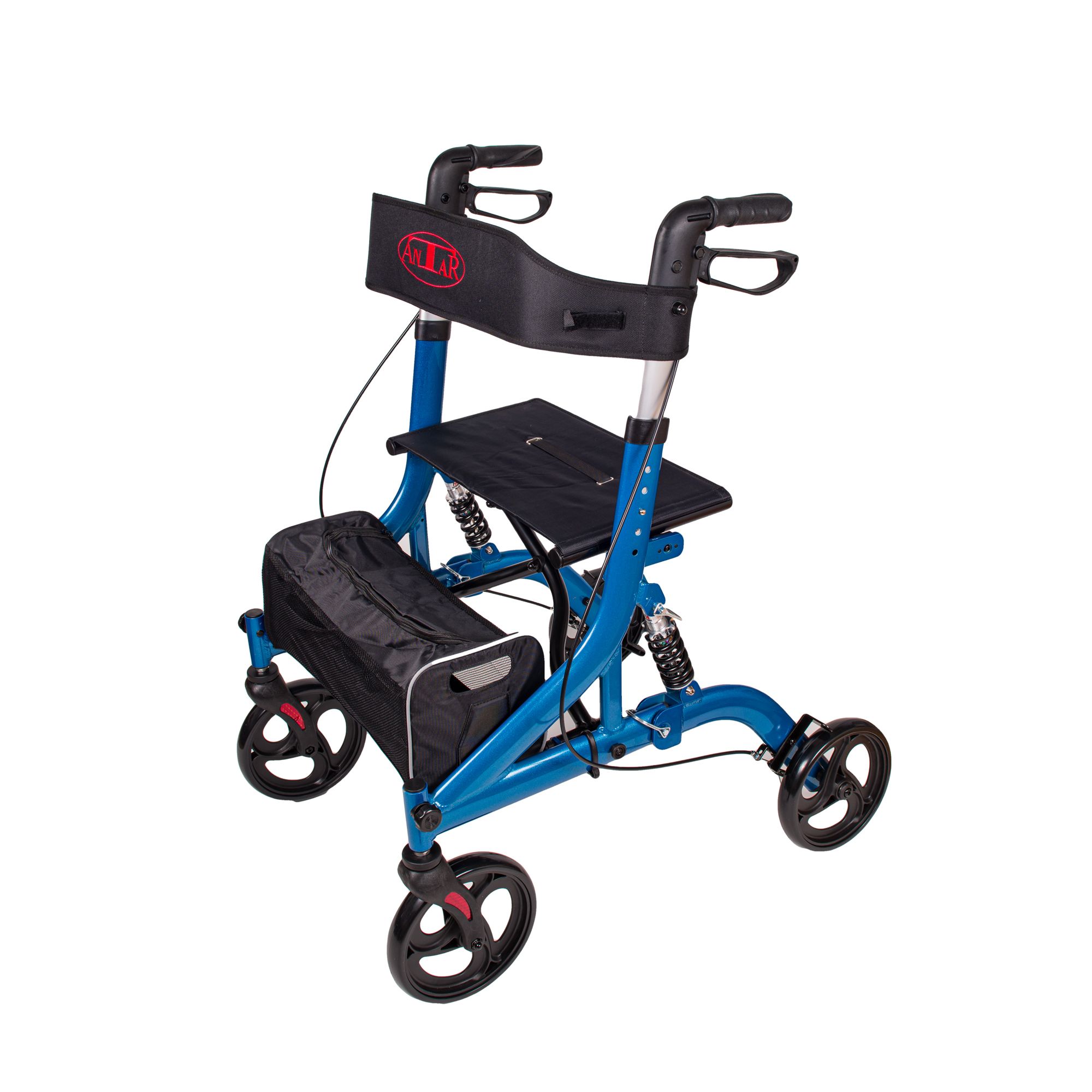 Blau-metallic Rollator mit schwarzem Sitz, Rückenlehne und Tasche. Vier Räder, Handgriffe und Federung.