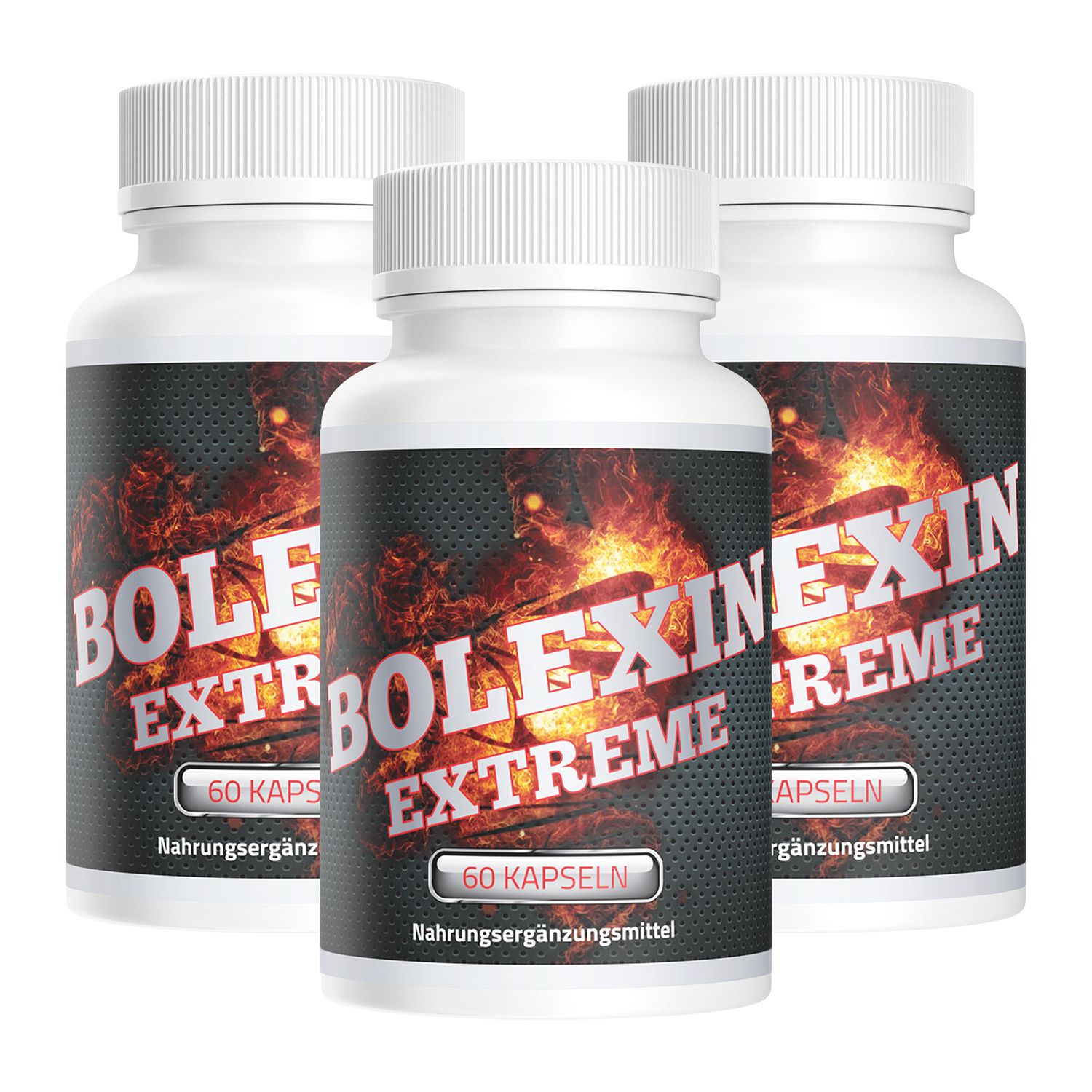 Drei weiße Flaschen mit Etiketten. Aufschrift: BOLEXIN EXTREME, 60 Kapseln. Nahrungsergänzungsmittel. Hintergrund: Feuer-Design.