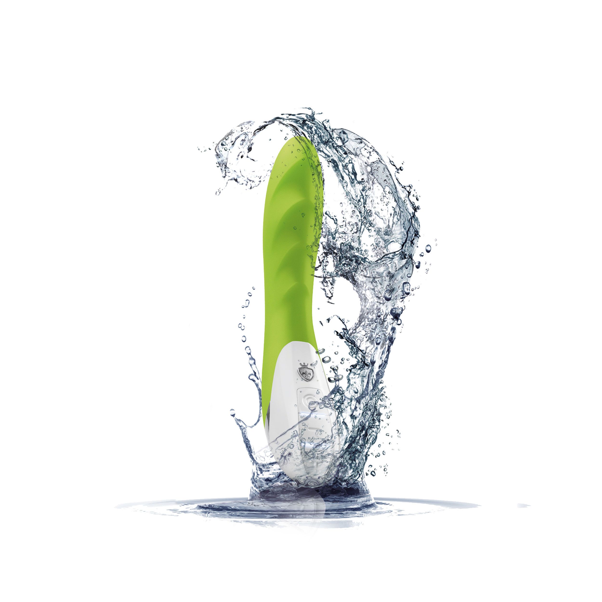 Grüner Vibrator im Wasser. Weißes Bedienfeld, grüne Oberfläche.