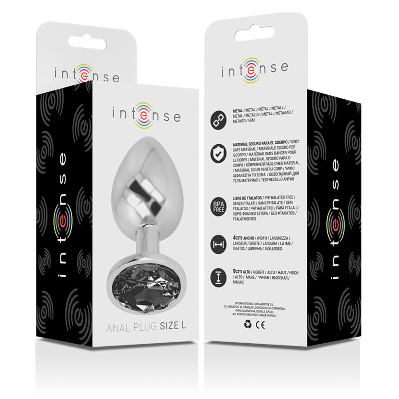 Verpackung mit Analplug. Marke 'intense'. Produkt mit Metall-Plug und schwarzem Kristall. Größenangaben.
